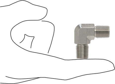 Image of Product. Side1 orientation. Contains SizingReference. Extreme-Pressure 316 Stainless Steel Pipe Fitting, 90 Degree Elbow Connector, 1/4 NPTF Male.