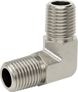 Image of Product. Front orientation. Extreme-Pressure 316 Stainless Steel Pipe Fitting, 90 Degree Elbow Connector, 1/4 NPTF Male.
