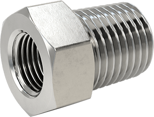 Image of Product. Back orientation. Extreme-Pressure 316 Stainless Steel Pipe Fitting, Bushing Adapter, 1/4 NPTF Male x 1/8 NPTF Female.