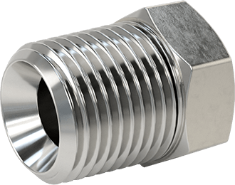 Image of Product. Front orientation. Extreme-Pressure 316 Stainless Steel Pipe Fitting, Bushing Adapter, 1/2 NPTF Male x 1/4 NPTF Female.