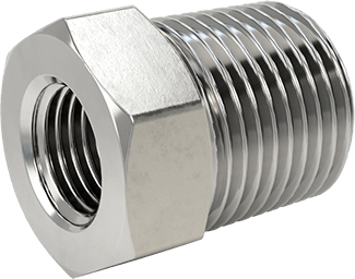 Image of Product. Back orientation. Extreme-Pressure 316 Stainless Steel Pipe Fitting, Bushing Adapter, 1/2 NPTF Male x 1/4 NPTF Female.