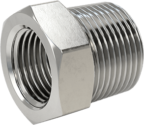Image of Product. Back orientation. Extreme-Pressure 316 Stainless Steel Pipe Fitting, Bushing Adapter, 3/4 NPTF Male x 1/2 NPTF Female.