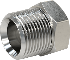 Image of Product. Front orientation. Extreme-Pressure 316 Stainless Steel Pipe Fitting, Bushing Adapter, 3/4 NPTF Male x 1/2 NPTF Female.