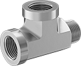 Image of Product. Female x Female x Male. Front orientation. Pipe and Fittings. Extreme-Pressure Stainless Steel Threaded Pipe Fittings, Right Angle Tee Adapters, Threaded Fitting Connection, Female, Male.