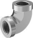 Image of Product. Female. Front orientation. Pipe and Fittings. Extreme-Pressure Stainless Steel Threaded Pipe Fittings, 90° Elbow Connectors, Threaded Fitting Connection, Female.