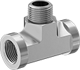 Image of Product. Female x Male x Female. Front orientation. Pipe and Fittings. Extreme-Pressure Stainless Steel Threaded Pipe Fittings, Inline Tee Adapters, Male, Female, Threaded Fitting Connection.
