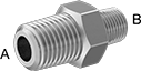 Image of Product. Male x Male. Front orientation. Contains Annotated. Pipe and Fittings. Precision Extreme-Pressure Stainless Steel Threaded Pipe Fittings, Straight Reducers, Threaded Fitting Connection, Male, Hex Body.