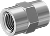 Image of Product. Female. Front orientation. Pipe and Fittings. Extreme-Pressure Stainless Steel Threaded Pipe Fittings, Straight Connectors, Female, Threaded Fitting Connection, Hex Body.