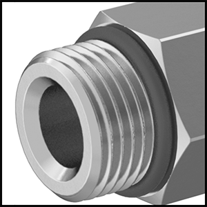 Image of Specification. BSPP, Metric, and UN/UNF (SAE Straight) Male Threads with Gasket. Front orientation. ZoomedIn view. Contains Border. Extreme-Pressure 316 Stainless Steel Pipe Fitting, Adapter, M14 x 1.5 mm Female, 9/16"-18 UN/UNF Male.