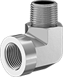 Image of Product. Female x Male. Front orientation. Pipe and Fittings. Extreme-Pressure Stainless Steel Threaded Pipe Fittings, 90° Elbow Adapters, Female, Male, Threaded Fitting Connection.