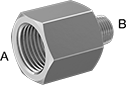 Image of Product. Female x Male. Front orientation. Contains Annotated. Pipe and Fittings. High-Pressure Stainless Steel Threaded Pipe Fittings, Straight Reducing Adapters, Threaded Fitting Connection, Female, Male, Hex Body.