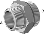 Image of Product. Male x Male. Front orientation. Contains Annotated. Pipe and Fittings. High-Pressure Stainless Steel Threaded Pipe Fittings, Straight Adapters with Gasket, Threaded Fitting Connection, Male, Hex Body.