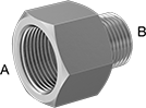 Image of Product. Female x Male. Front orientation. Contains Annotated. Pipe and Fittings. High-Pressure Stainless Steel Threaded Pipe Fittings, Straight Reducing Adapters with Gasket, Male, Threaded Fitting Connection, Female, Hex Body.