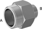 Image of Product. Male x Male. Front orientation. Contains Annotated. Pipe and Fittings. Extreme-Pressure Stainless Steel Threaded Pipe Fittings, Straight Reducers, Male, Threaded Fitting Connection, Hex Body.