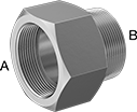 Image of Product. Female x Male. Front orientation. Contains Annotated. Pipe and Fittings. High-Pressure Stainless Steel Threaded Pipe Fittings, Straight Adapters, Male, Female, Threaded Fitting Connection, Hex Body.