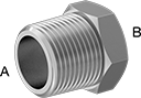 Image of Product. Male x Female. Front orientation. Contains Annotated. Pipe and Fittings. Extreme-Pressure Stainless Steel Threaded Pipe Fittings, Bushing Straight Reducing Adapters, Threaded Fitting Connection, Female, Male, Hex Body.