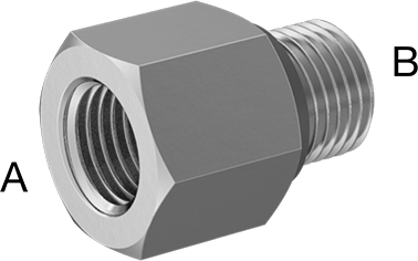 Image of Product. Front. Front orientation. Contains Annotated. Extreme-Pressure 316 Stainless Steel Pipe Fitting, Adapter, M14 x 1.5 mm Female, 9/16"-18 UN/UNF Male.