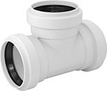 Image of Product. Front orientation. Pipe and Fittings. Underground Drain, Waste, and Vent PVC Pipe Fittings for Water, Tee Connectors, Gasket.