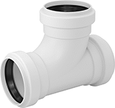 Image of Product. Front orientation. Pipe and Fittings. Underground Drain, Waste, and Vent PVC Pipe Fittings for Water, Offset Tee Connectors, Gasket.