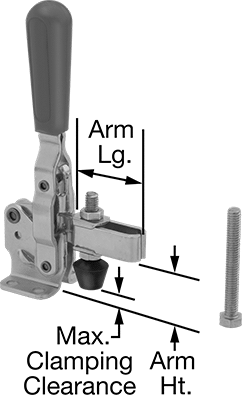 Image of Product. Front orientation. Contains Annotated. Hold-Down Toggle Clamp, Open Arm, Steel, 600 lbs. Holding Capacity, 3-3/8" Overall Length .