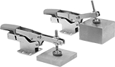 Image of ProductInUse. Clamps hold workpieces of different thicknesses without manual adjustment.. Front orientation. Toggle Clamps. Auto-Adjusting Low-Profile Hold-Down Toggle Clamps.