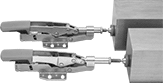 Image of ProductInUse. Clamps hold workpieces of different thicknesses without manual adjustment.. Front orientation. Toggle Clamps. Auto-Adjusting Push Toggle Clamps.