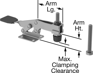 Image of Product. Front orientation. Contains Annotated. Low-Profile Hold-Down Toggle Clamp, Open Arm, Steel, 360 lbs. Holding Capacity.