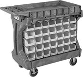 Image of Product. Front orientation. Bin Racks. Bench-Height Bin-Box Racks, Rolling, Total of 70 Bins.