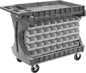 Image of Product. Front orientation. Bin Racks. Bench-Height Bin-Box Racks, Rolling, Total of 80 Bins.