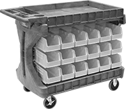 Image of Product. Front orientation. Bin Racks. Bench-Height Bin-Box Racks, Rolling, Total of 36 Bins.