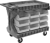Image of Product. Front orientation. Bin Racks. Bench-Height Bin-Box Racks, Rolling, Total of 18 Bins.