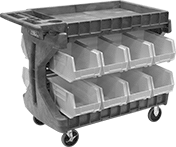 Image of Product. Front orientation. Bin Racks. Bench-Height Bin-Box Racks, Rolling, Total of 16 Bins.