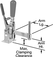 Image of Product. Front orientation. Contains Annotated. Toggle Clamps. Hold-Down Toggle Clamps with Locking Handle, With Cut-to-Length Arm.