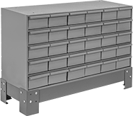 Image of System. 30 Drawers with Cabinet Base Shown. Front orientation. Cabinets. Stackable Small-Parts Cabinets, Painted Steel—Assembled, 30 Drawers.