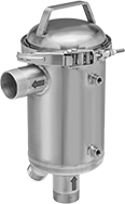 Image of Product. Front orientation. Strainers. Self-Cleaning Metal Basket Strainers, With Male Threaded Pipe Fitting Connections—1 1/2 NPT Male Drain, Inverted Basket, and Two 1/4 NPT Female Gauge Ports.