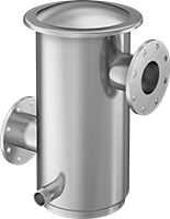 Image of Product. Front orientation. Strainers. Self-Cleaning Metal Basket Strainers, With Flanged Pipe Fitting Connections—1 1/2 NPT Male Drain, Inverted Basket, and Two 1/4 NPT Female Gauge Ports.