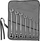 Image of Product. Front orientation. Combination Wrenches. Reversible Ratcheting Combination Wrench Sets, Fabric Roll-Up Pouch.