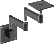 Image of System. Arm Built with Wall-Mount Pin Base, Two Rigid Connectors, and Pivoting Mounting Plate. Front orientation. Exploded view. Positioning Arms. Heavy Duty Positioning Arms .