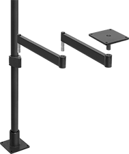 Image of System. Arm Built with Floor- and Bench-Mount Pole Base, Pole, Pole-to-Pin Adapter, Two Rigid Connectors, and Pivoting Mounting Plate. Front orientation. Exploded view. Positioning Arms. Heavy Duty Positioning Arms .