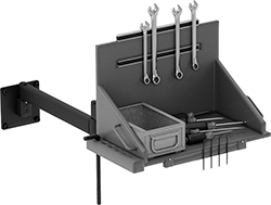 Image of ProductInUse. Shown with a Toolbox Installed. Front orientation. Positioning Arms. Swing-Joint Positioning Arms.