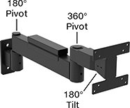 Image of Specification. Front orientation. Contains Annotated. Positioning Arms. Swing-Joint Positioning Arms, Ready-to-Use Arms with Monitor Mounting Plate, Wall Mount, Style E.