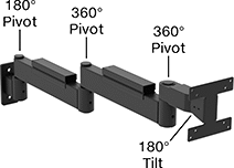 Image of Specification. Front orientation. Contains Annotated. Positioning Arms. Swing-Joint Positioning Arms, Ready-to-Use Arms with Monitor Mounting Plate, Wall Mount, Style F.