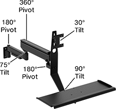 Image of Specification. Front orientation. Contains Annotated. Positioning Arms. Swing-Joint Positioning Arms, Ready-to-Use Arms with Monitor Mounting Plate, Wall Mount, Style K.