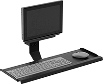 Image of System. Shown in Use with Monitor, Keyboard, and Mouse. Front orientation. Contains MultipleImages. Positioning Arms. Swing-Joint Positioning Arms, Monitor Mounting Plates with Keyboard Tray.