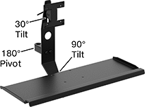 Image of Specification. Front orientation. Contains Annotated. Positioning Arms. Swing-Joint Positioning Arms, Monitor Mounting Plates with Keyboard Tray.
