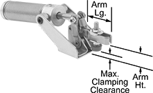 Image of Product. Front orientation. Contains Annotated. Toggle Clamps. Air-Powered Hold-Down Toggle Clamps, With Open Arm.