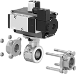 Image of Product. Exploded View. Front orientation. Exploded view. Air-Actuated On/Off Valves. Easy-Maintenance High-Flow Air-Driven On/Off Valves, Direct Actuator Mount with DIN B Connection.