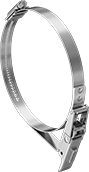Image of Product. Clamp with Safety Latch. Front orientation. Hose and Tube Clamps. High-Torque Quick-Release Worm-Drive Clamps for Duct Hose, Overlapping Arm Latch, Safety Latch.