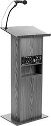 Image of Product. With Microphone, Speakers, and Amplifier. Front orientation. Podiums. Ribbonwood.