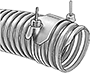 Image of Product. Connector (Shown with Clamp). Front orientation. Pipe and Fittings. Cut-to-Length Drain, Waste, and Vent PVC Clamp-On Pipe Fittings for Water.